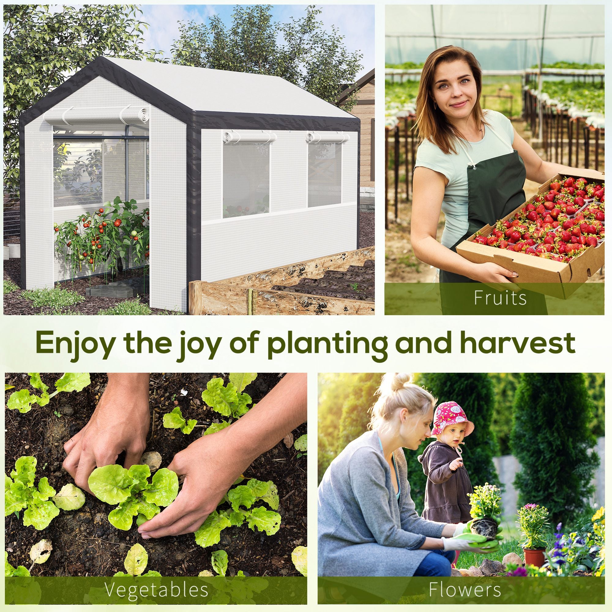 10' x 7' x 7' Greenhouse, Walk-in Outdoor Tunnel Green House with PE Cover, Steel Frame, 2 Roll-Up Zipper Doors & 4 Windows for Flowers, Vegetables, Tropical Plants, White