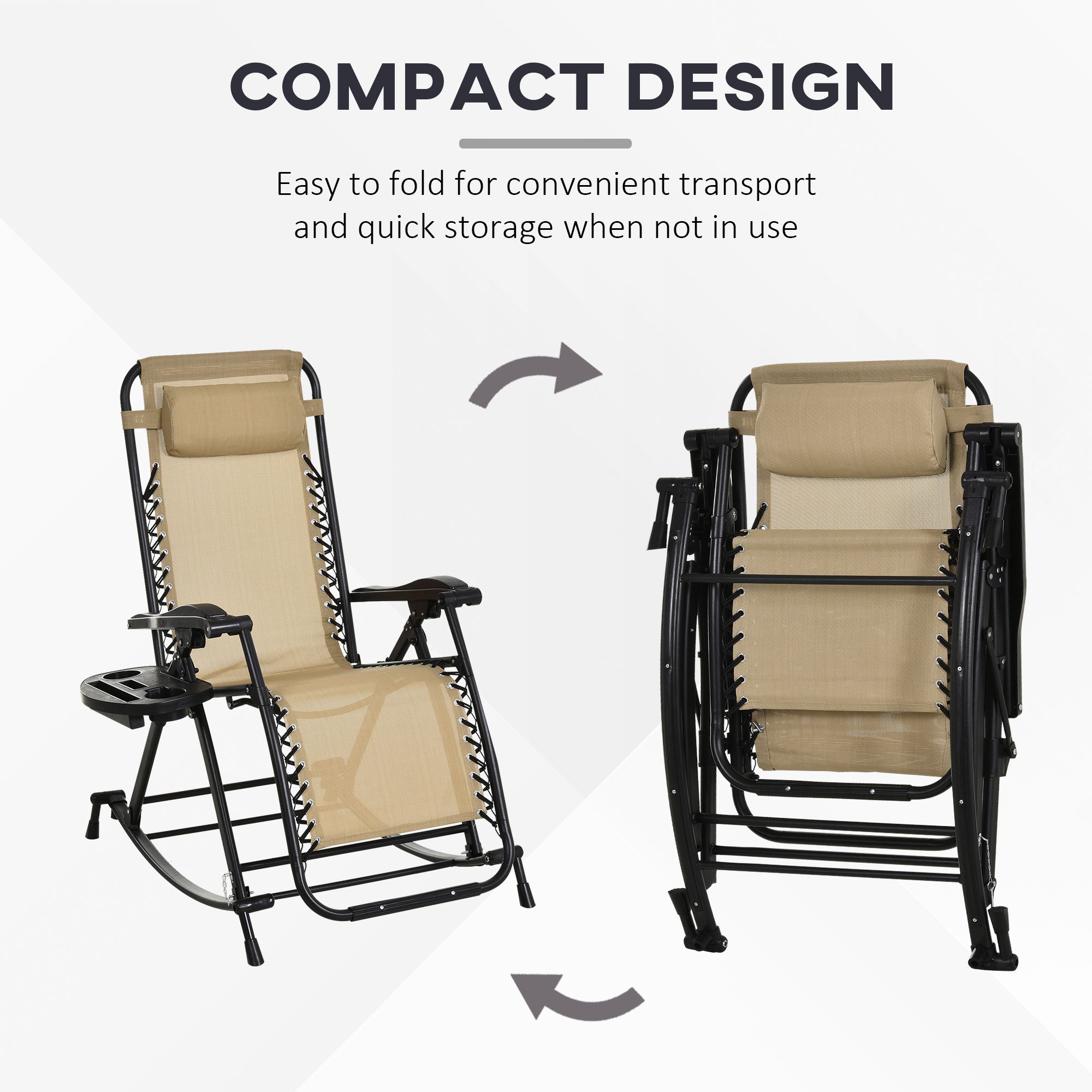 2 Outdoor Rocking Chairs Foldable Reclining Zero Gravity Lounge Rockers w/ Pillow Cup & Phone Holder