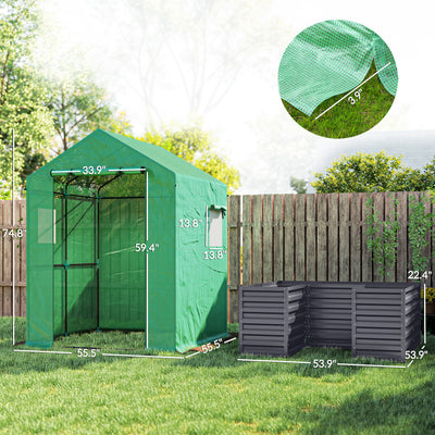 Greenhouse with Raised Garden Bed, Galvanized Steel Outdoor Greenhouse with Roll Up Door, 56" x 56" x 75"