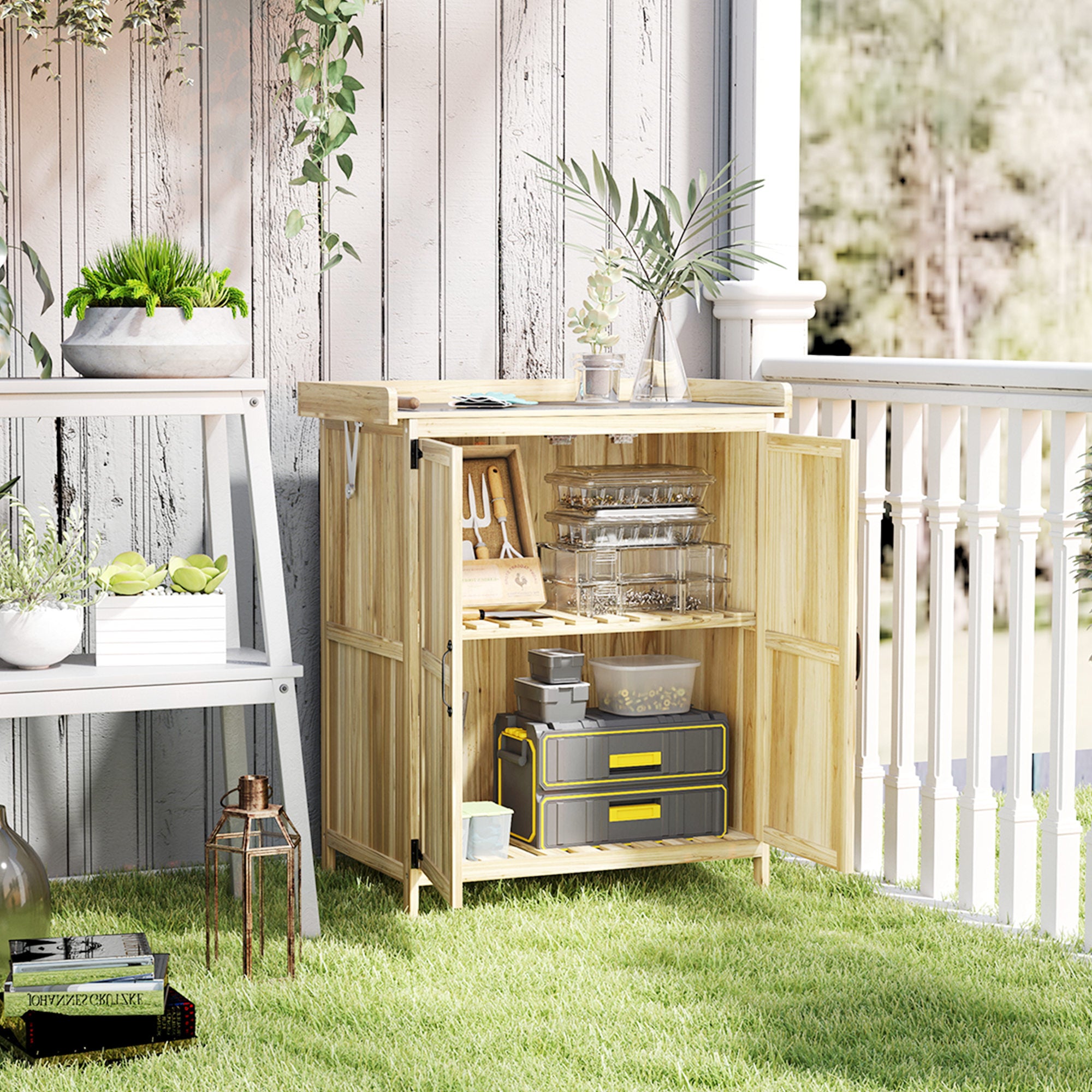 Outdoor Storage Cabinet, Garden Tool Shed with Metal Tabletop and Shelf, Wooden Potting Bench with 2 Doors
