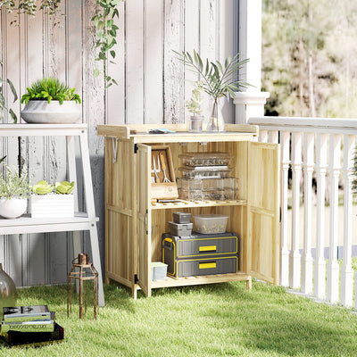 Outdoor Storage Cabinet, Garden Tool Shed with Metal Tabletop and Shelf, Wooden Potting Bench with 2 Doors