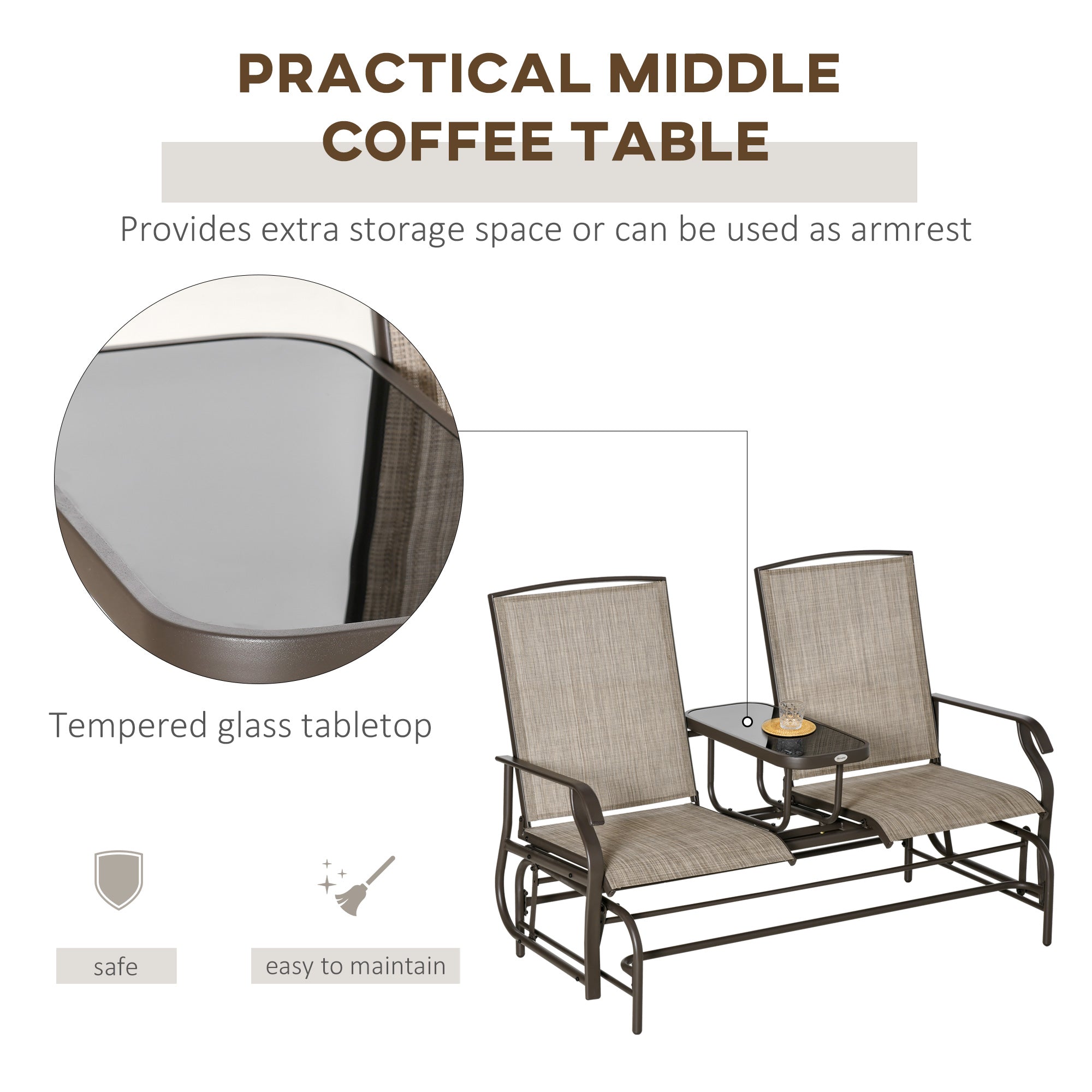 2-Seat Outdoor Glider Swing, Center Coffee Table and Independent Chairs, Supports Up to 352 lbs., Loveseat with Breathable Sling for Backyard, Garden, and Porch