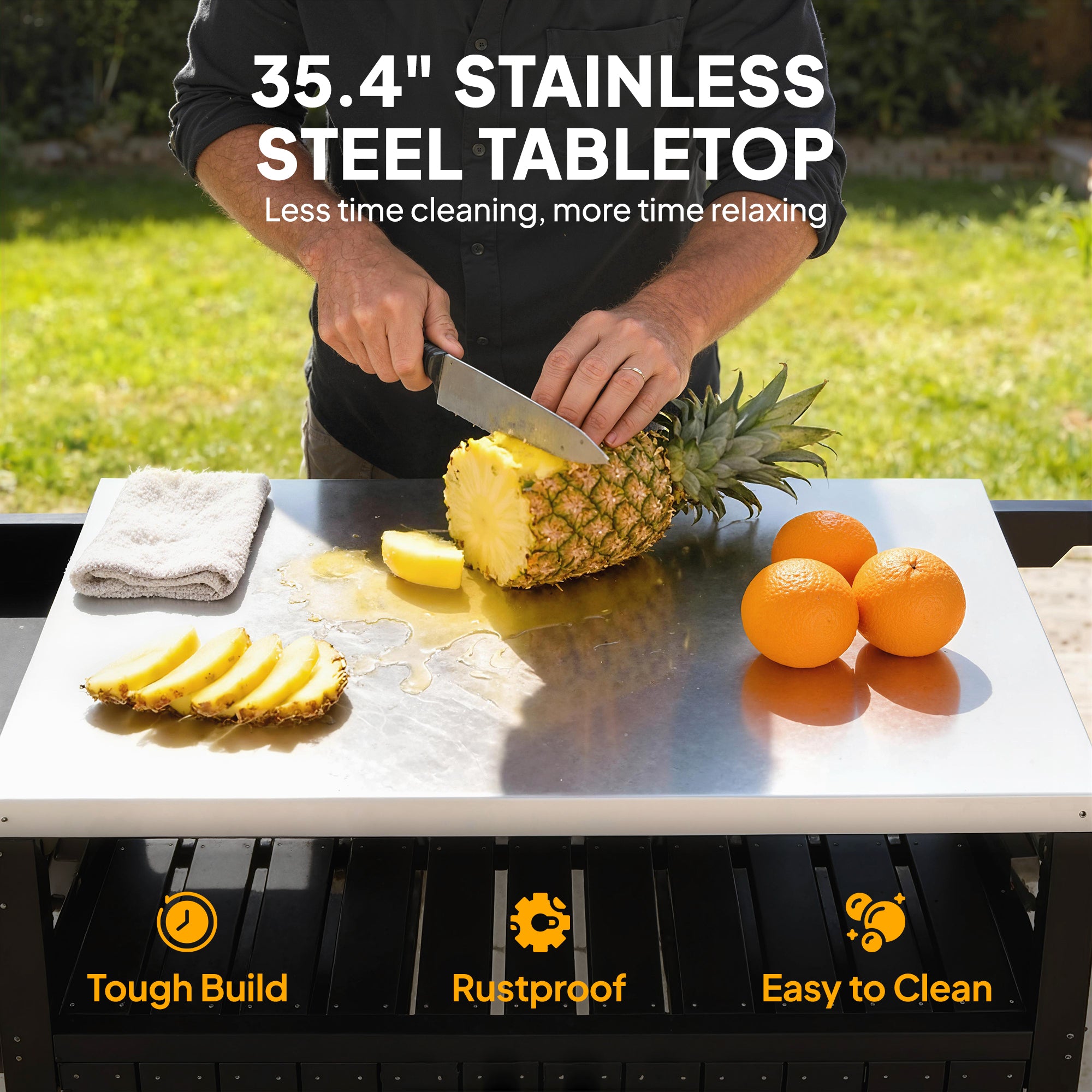 Outdoor Bar Cart with Storage, Stainless Steel Outdoor Bar Table Top, Wheeled HDPE Kitchen Island for Food Prep