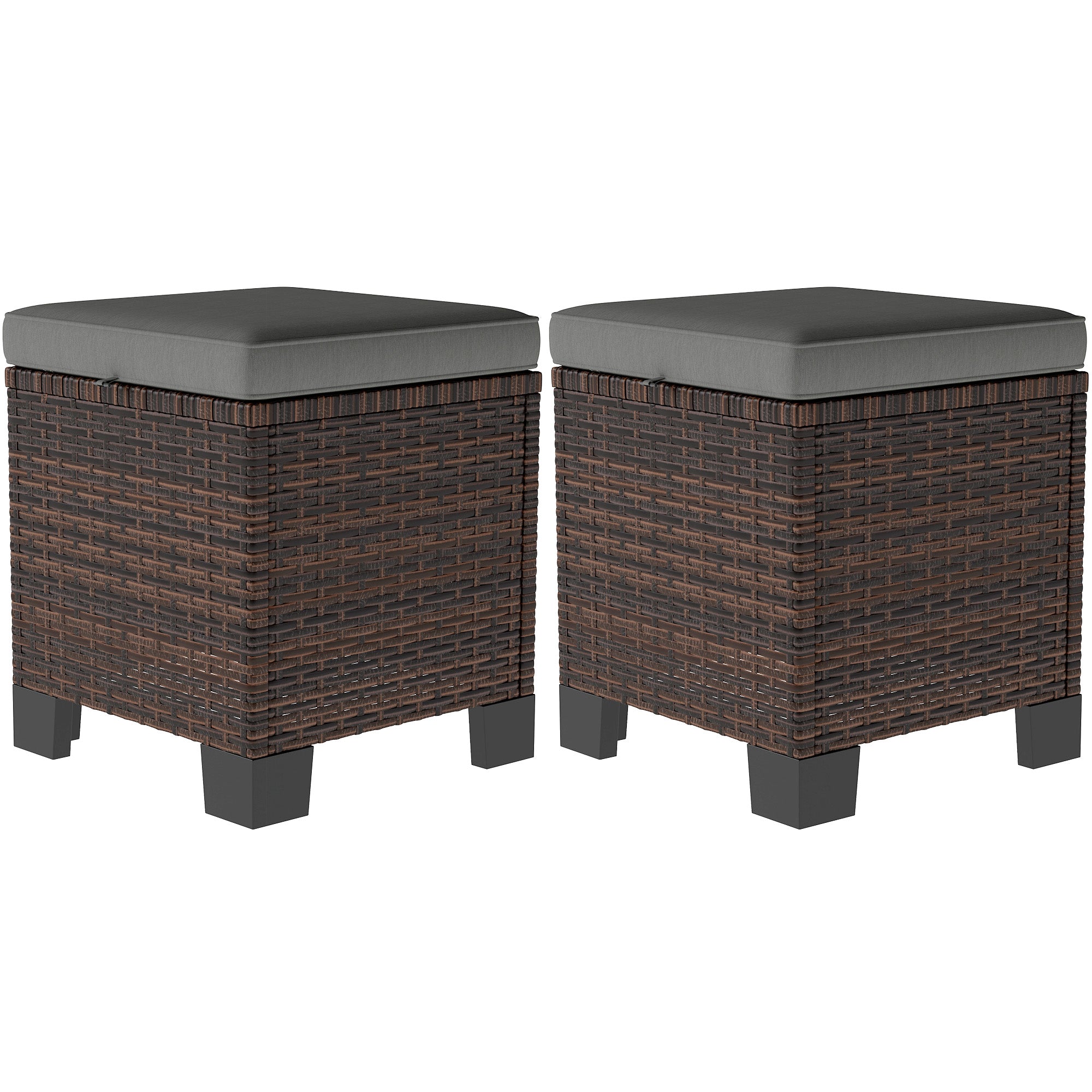 2 Piece Wicker Outdoor Ottomans with Cushions, Rattan Ottoman Footrest and Side Table for Patio, Yard, Poolside