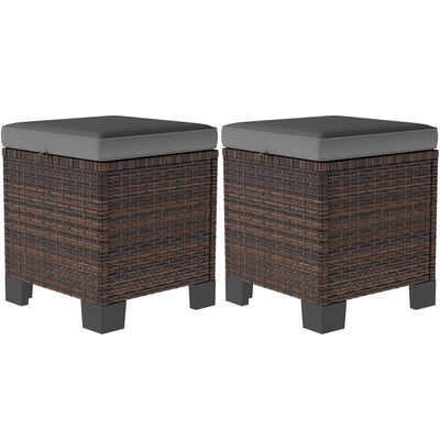 2 Piece Wicker Outdoor Ottomans with Cushions, Rattan Ottoman Footrest and Side Table for Patio, Yard, Poolside