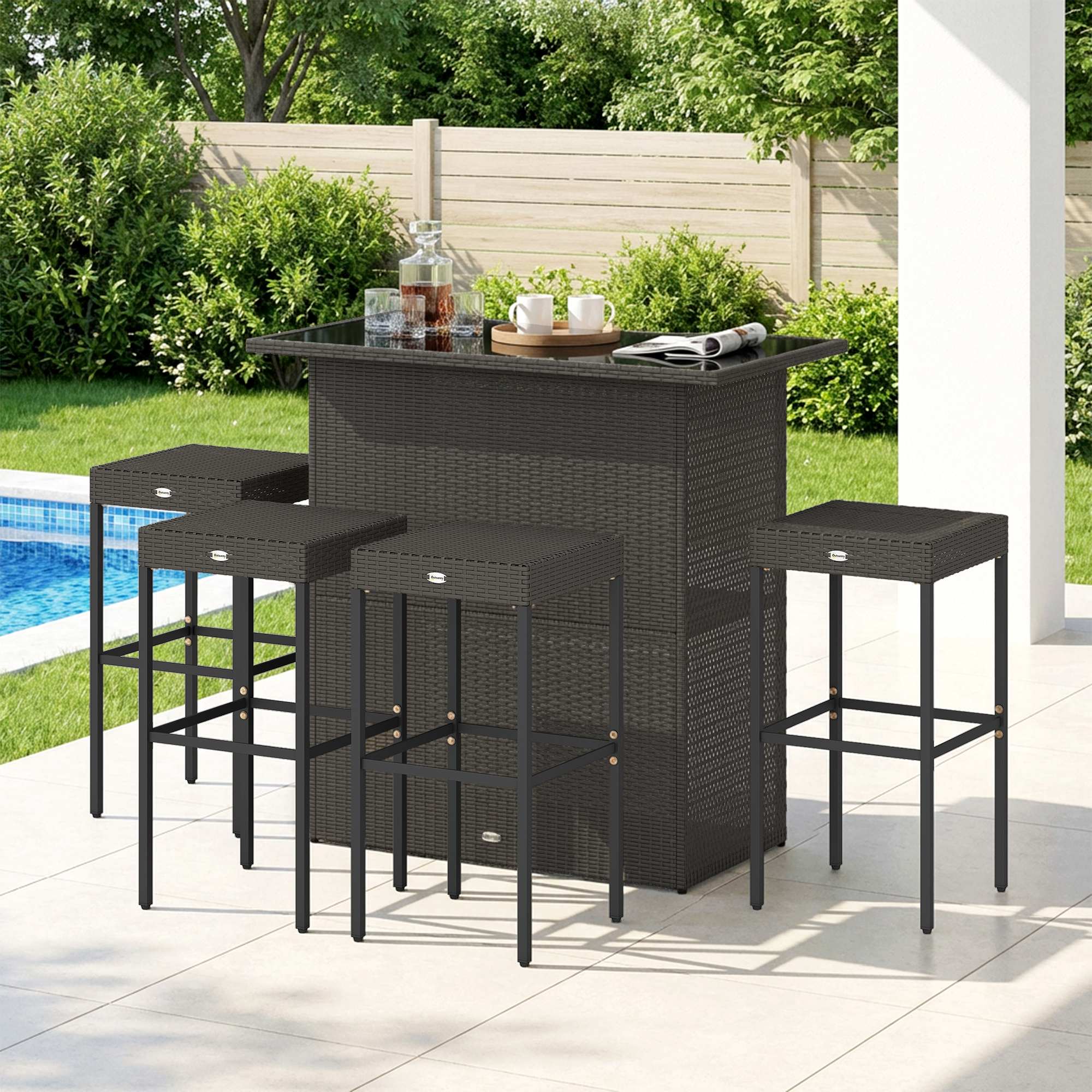 5 Piece Rattan Wicker Bar Set, High Top Outdoor Table and Chairs, Bar Height Patio Set, 2 Shelves & 4 Bar Stools