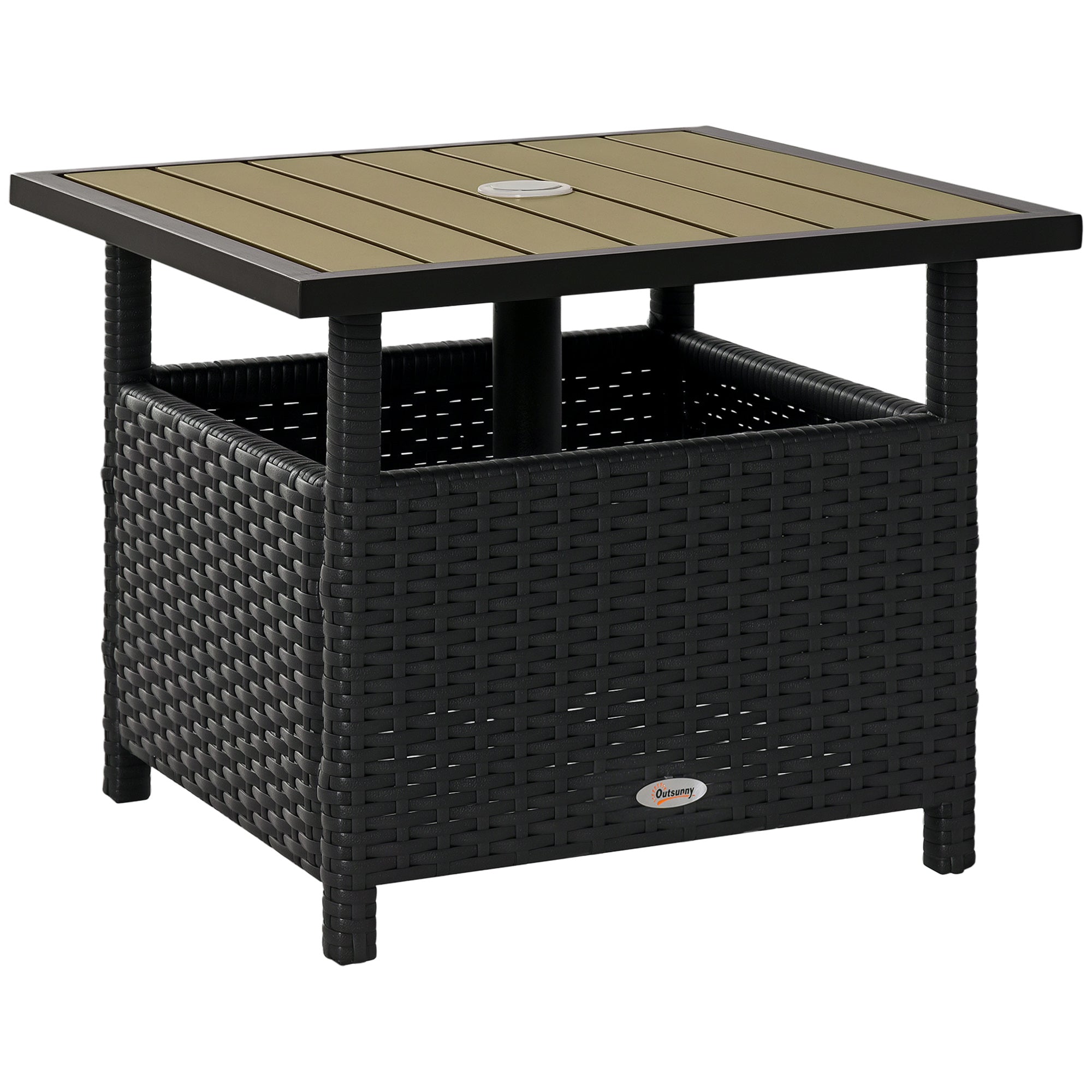 22" Outdoor Side Table with Umbrella Hole, Rattan Wicker End Table with Sand Bag and Steel Frame for Patio, Garden, Backyard