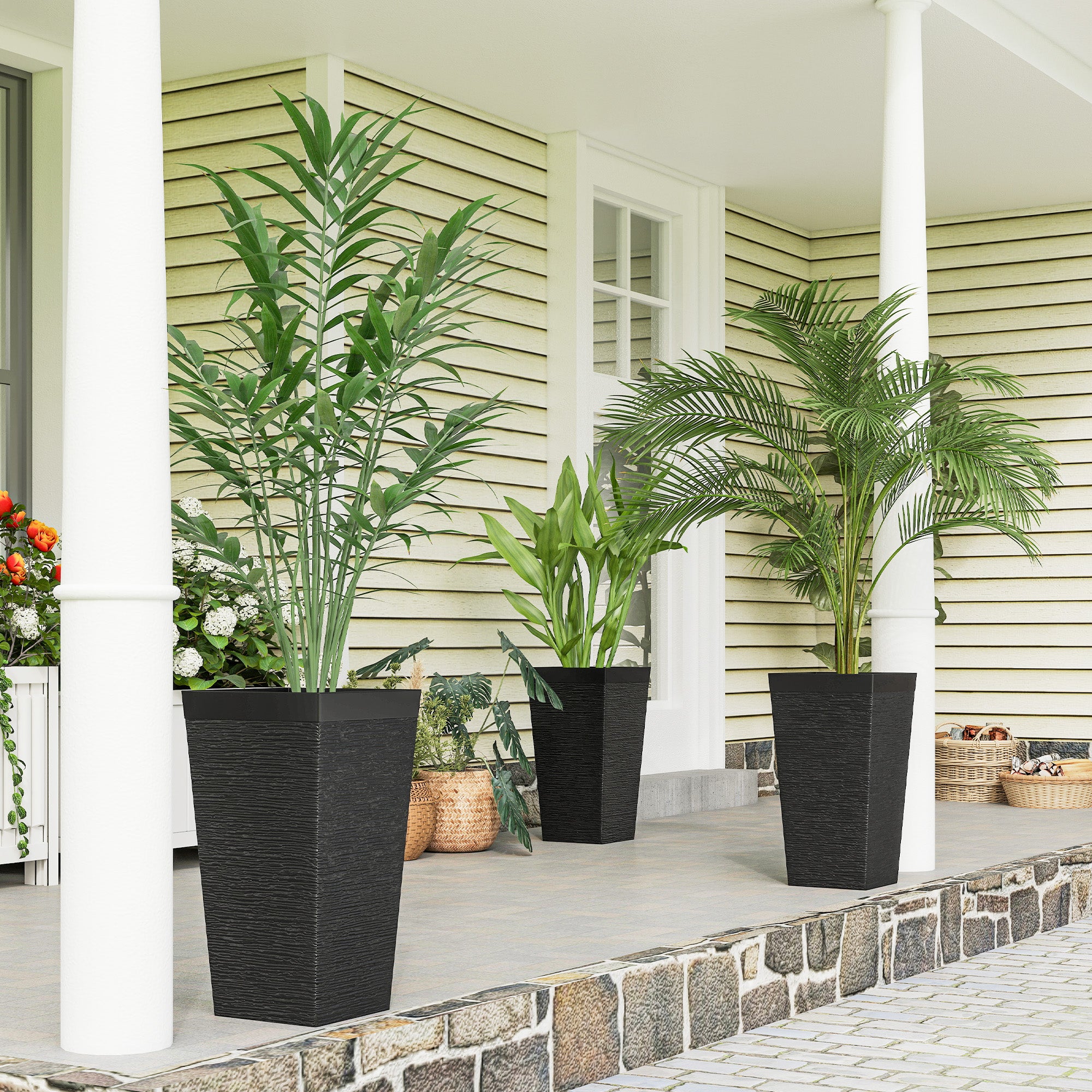 22.8 Inch Set of 3 Outdoor Planters with Stone Finish and Wheels, Stackable Tapered Planters with Drainage Hole