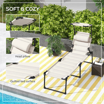 2 Pcs Outdoor Lounge Chair, 4 Position Adjustable Backrest, Folding, Cushioned w/ Sun Shade Roof & Pillow