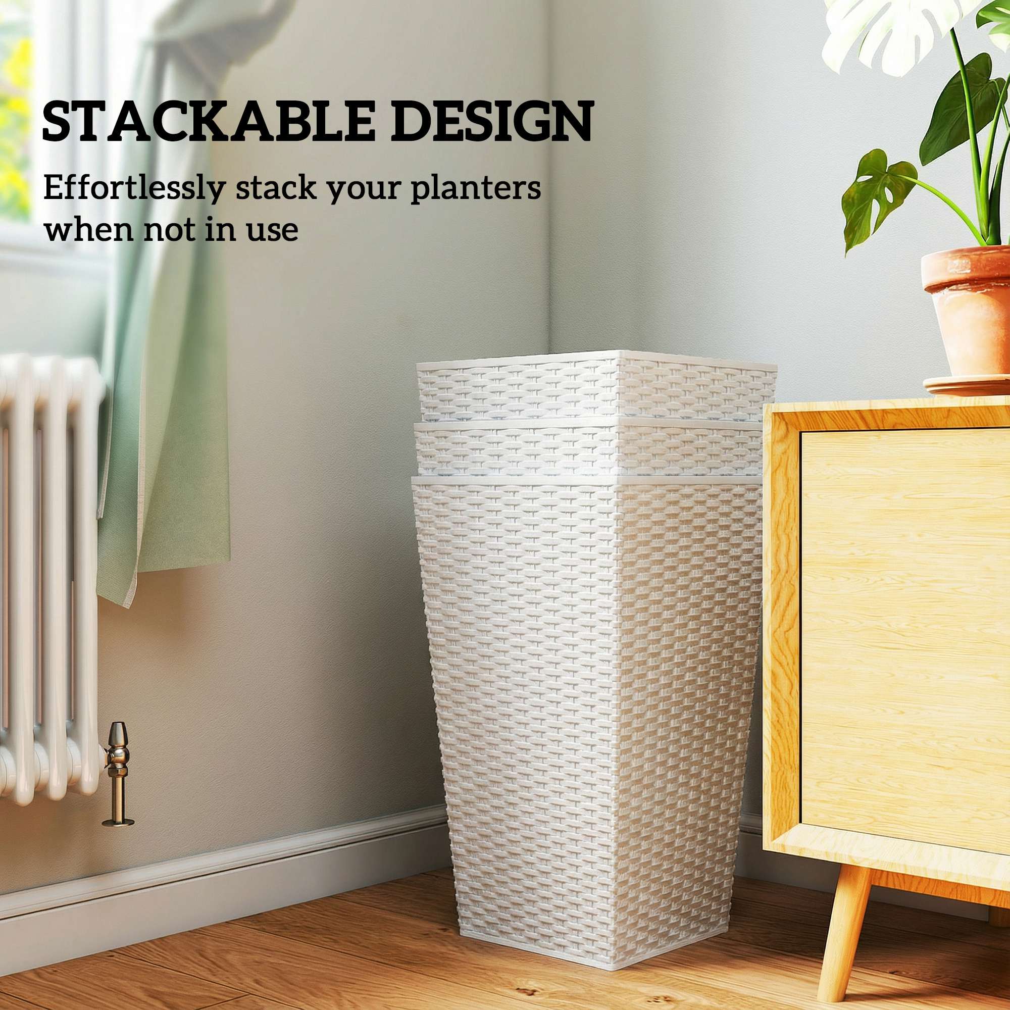 Tall Planters for Outdoor Plants Set of 3, 24 In Taper Planters with Drainage Holes, Rattan Decor Plant Pots