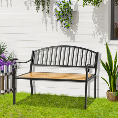 50" Garden Bench, Patio Loveseat with Antique Backrest, Wood Seat and Steel Frame for Backyard or Porch