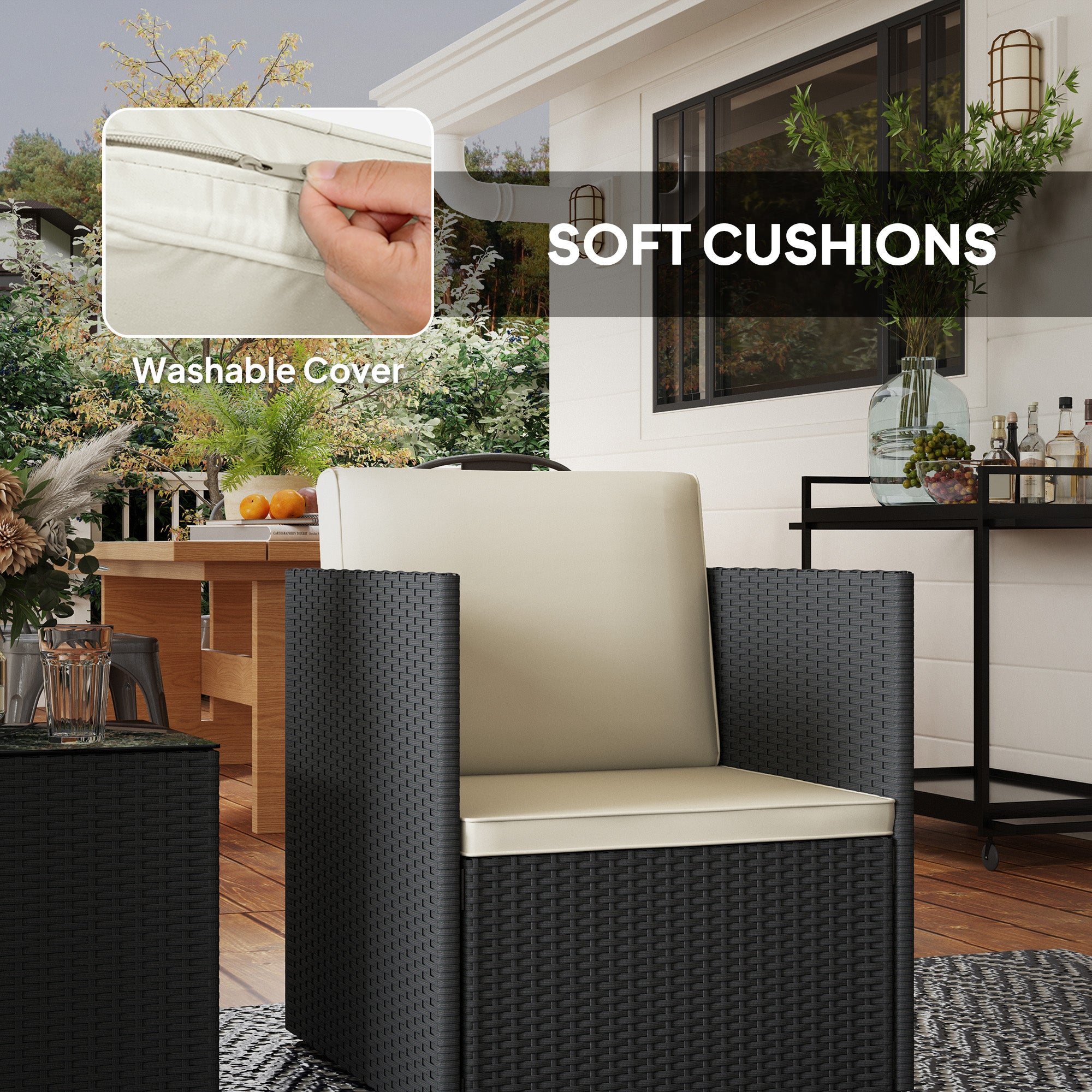 Folding Wicker Bistro Set, 3 Piece Patio Furniture Set with Cushions and Glass Coffee Table for Porch, Balcony