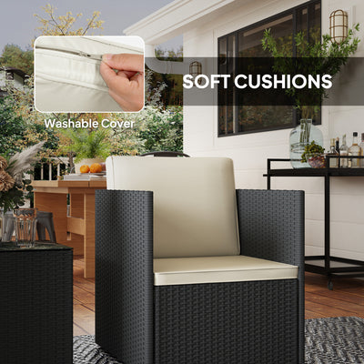 Folding Wicker Bistro Set, 3 Piece Patio Furniture Set with Cushions and Glass Coffee Table for Porch, Balcony