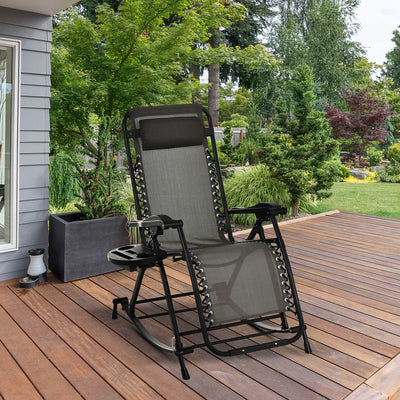 Outdoor Rocking Chairs, Foldable Reclining Zero Gravity Lounge Rocker with Pillow, Cup & Phone Holder, Combo Design with Folding Legs