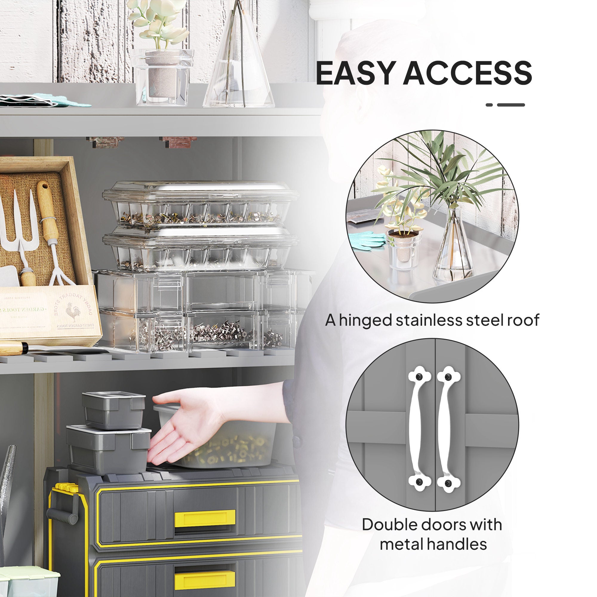Outdoor Storage Cabinet, Garden Tool Shed with Metal Tabletop and Shelf, Wooden Potting Bench with 2 Doors