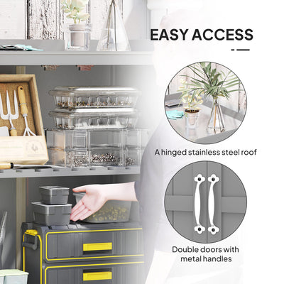 Outdoor Storage Cabinet, Garden Tool Shed with Metal Tabletop and Shelf, Wooden Potting Bench with 2 Doors