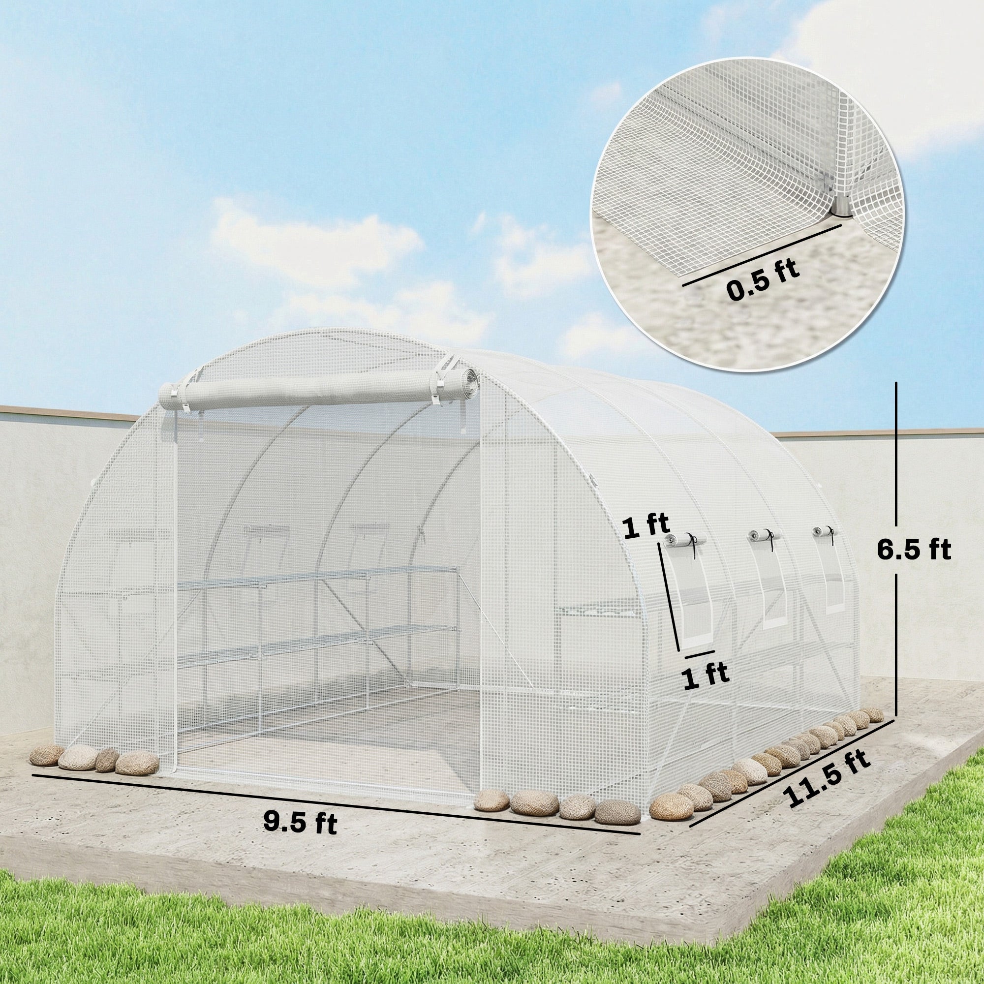 10'x11'x6' Walk-in Tunnel Greenhouse with Shelves, Mesh Door and Windows, Hoop House Greenhouse with PE Cover