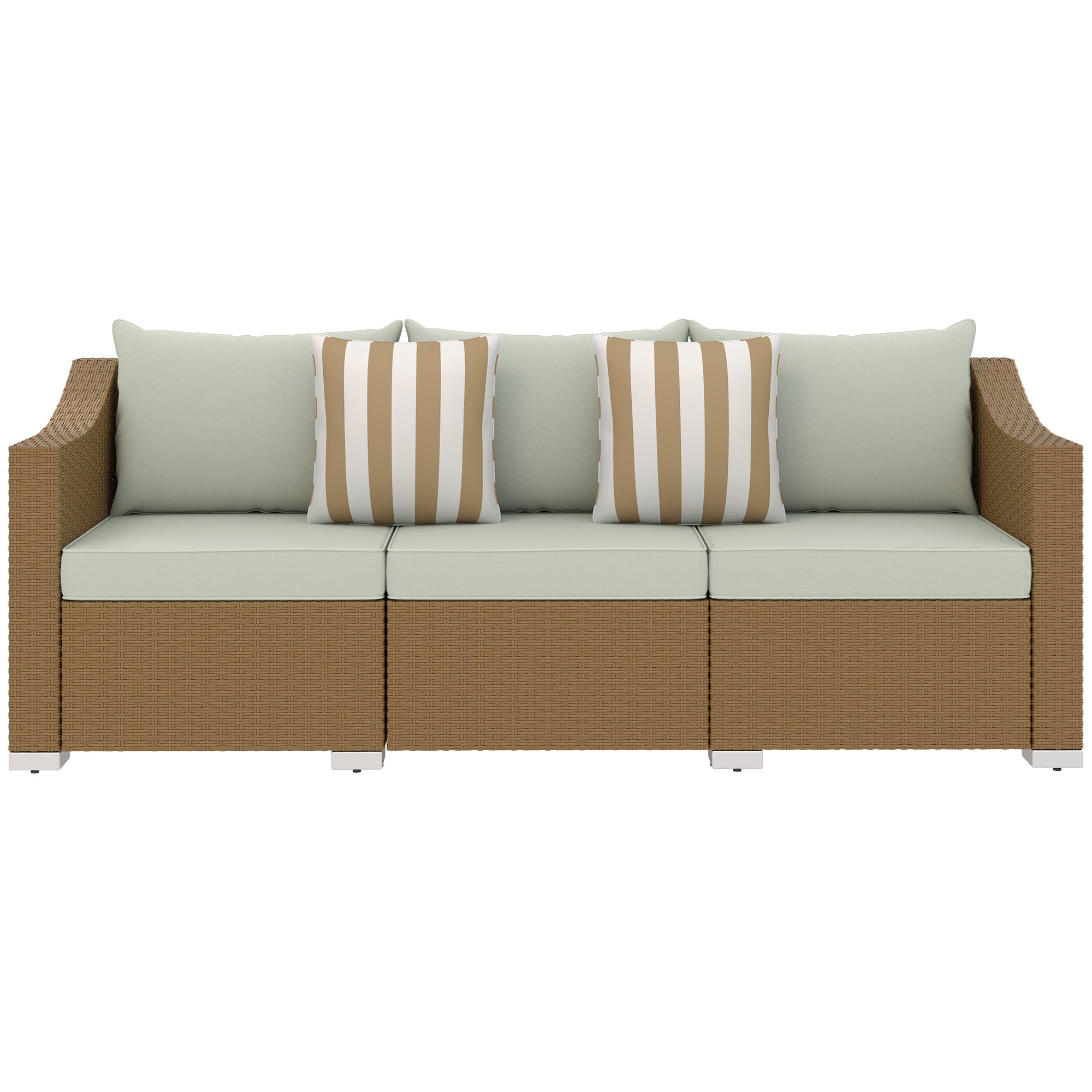 Rattan Wicker 3 Seater Patio Couch with Cushions, 2 Throw Pillows, Outdoor Furniture Rattan Sofa