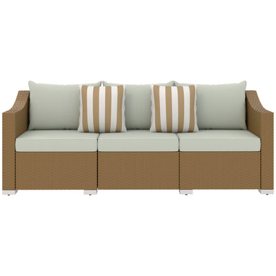 Rattan Wicker 3 Seater Patio Couch with Cushions, 2 Throw Pillows, Outdoor Furniture Rattan Sofa