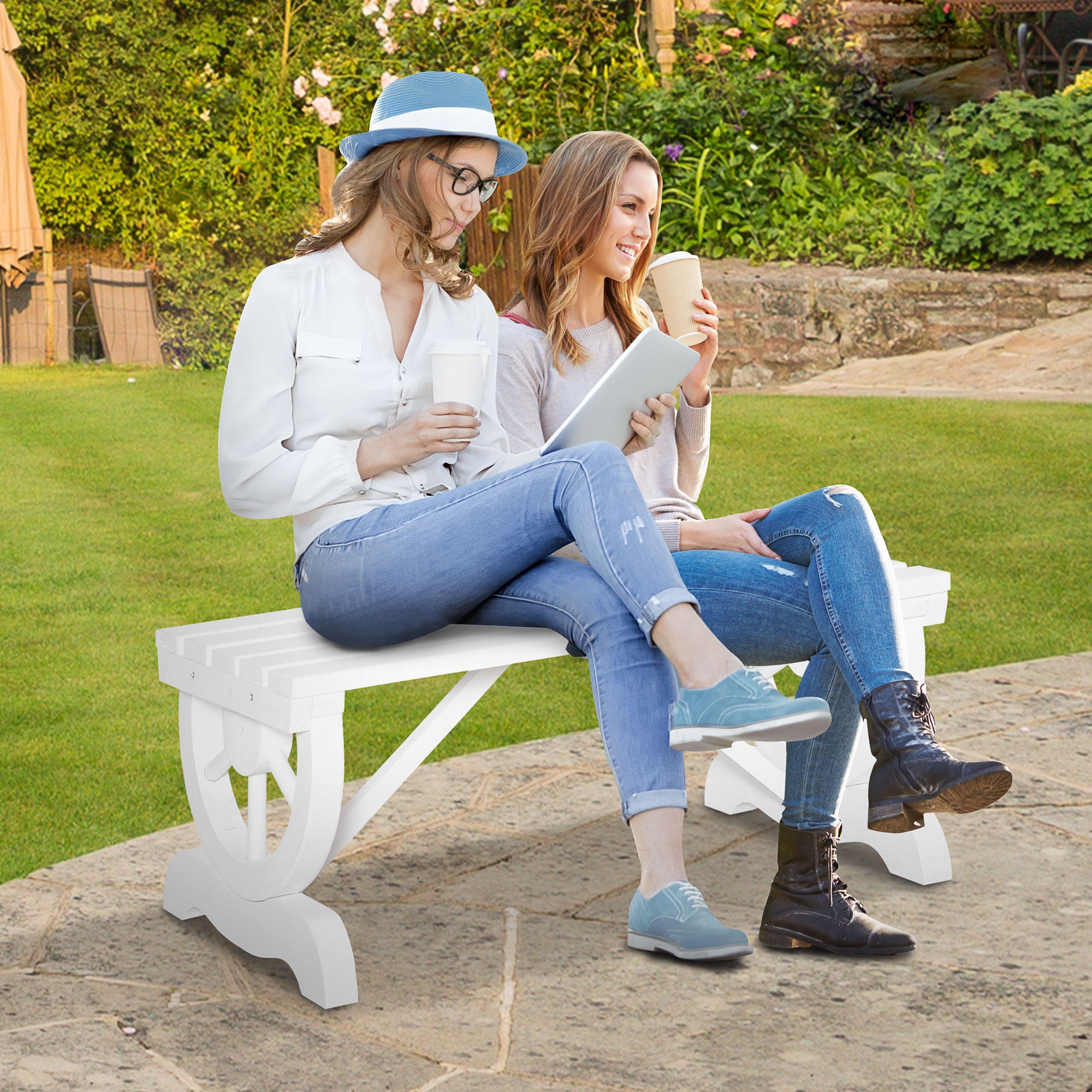 2-Person Wooden Garden Bench, Outdoor Wagon Wheel Porch Bench for Backyard Garden, Support 550 LBS, Rustic Country Style Patio Furniture, White