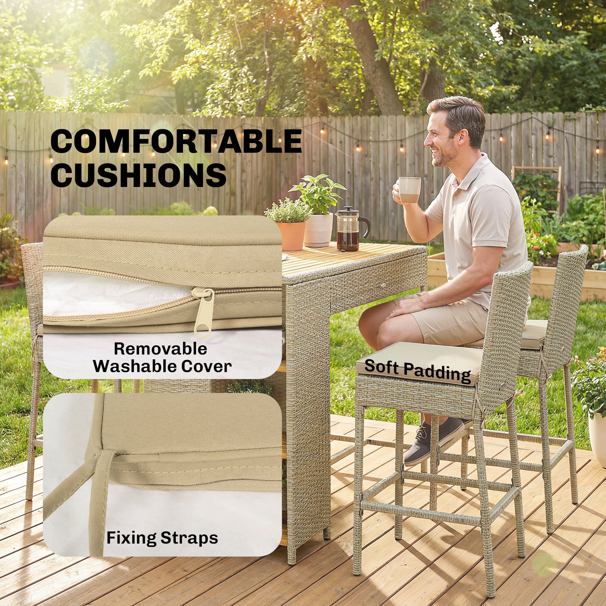 5 Piece Wicker Outdoor Bar Set, Acacia Wood Outdoor High Top Table and Chairs with 3 Tier Shelves, Cushions