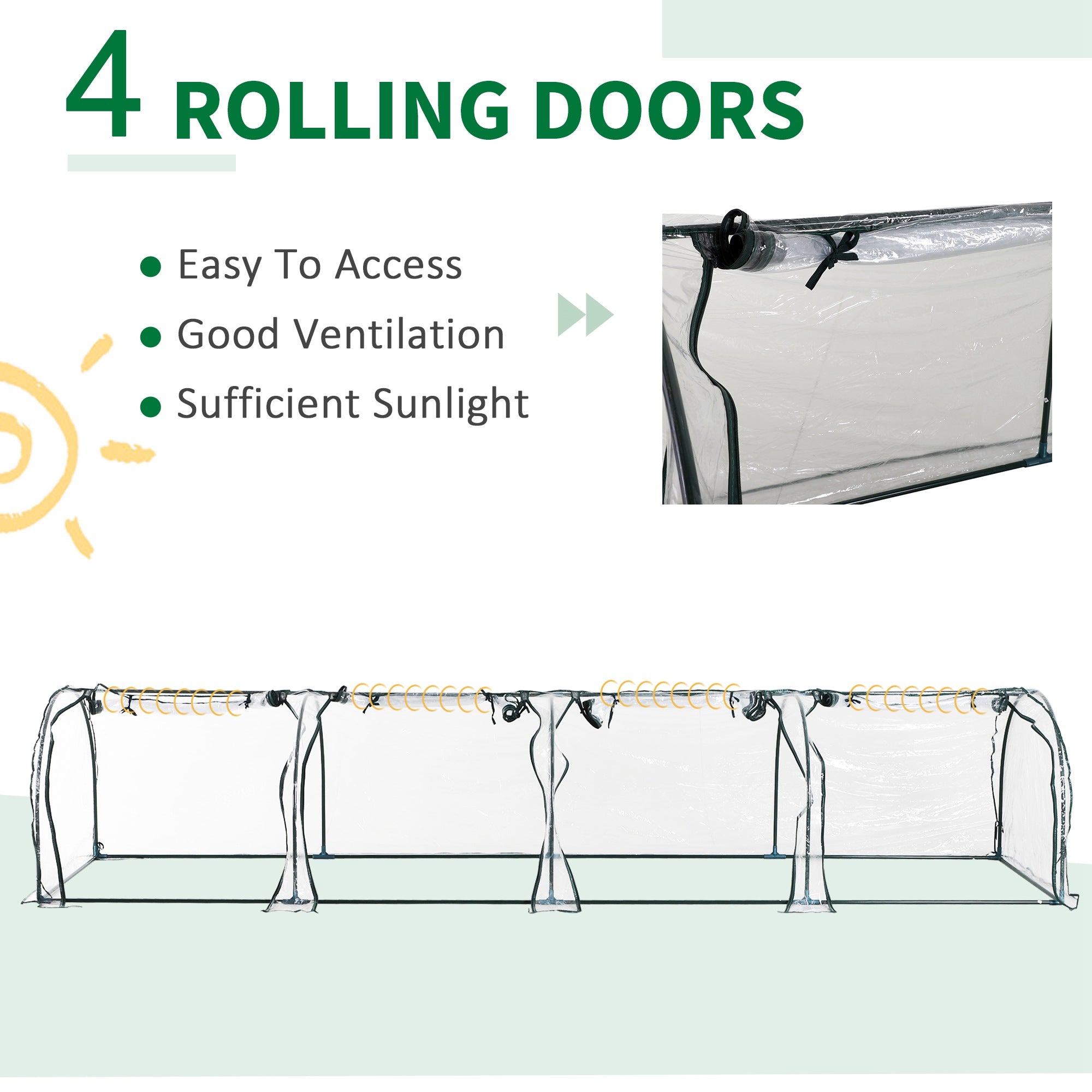 13' L x 3' W x 2.5' H Portable Tunneled Greenhouse with 4 Zippered Doors, Water/UV Fighting PVC Cover