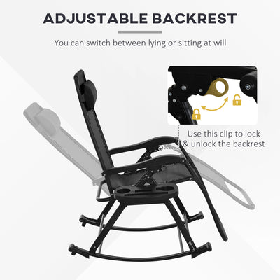 2 Outdoor Rocking Chairs Foldable Reclining Zero Gravity Lounge Rockers w/ Pillow Cup & Phone Holder