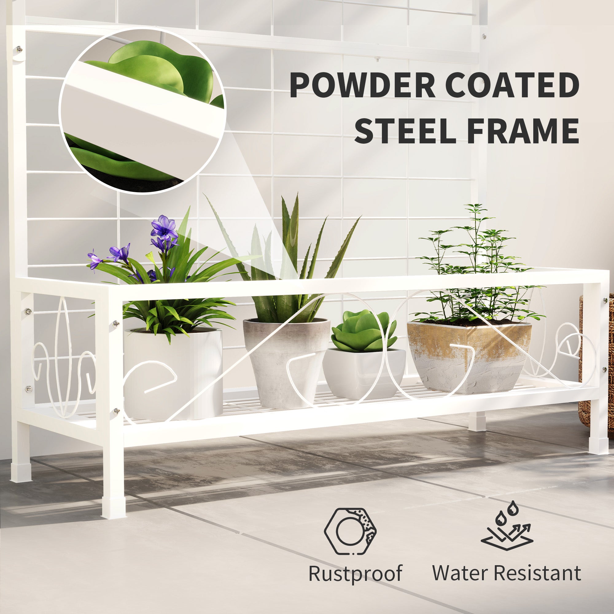 Metal Tall Plant Stand with Trellis and Hanging Bar, Plant Holder for Indoor Outdoor Use, 35" x 12.8" x 74", White
