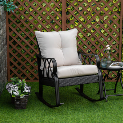Outdoor Wicker Rocking Chair with Padded Cushions, Aluminum Furniture Rattan Porch Rocker Chair w/ Armrest for Garden, Patio, and Backyard