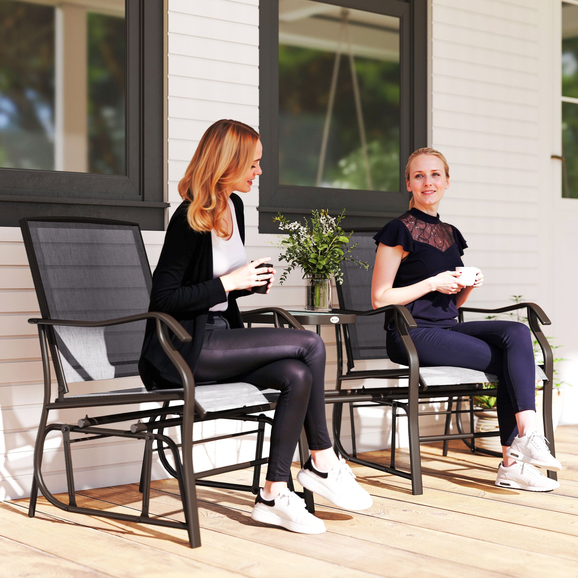 Outdoor Glider Chairs with Coffee Table, Patio 2-Seat Rocking Chair Swing Loveseat with Breathable Sling for Backyard, Garden, and Porch