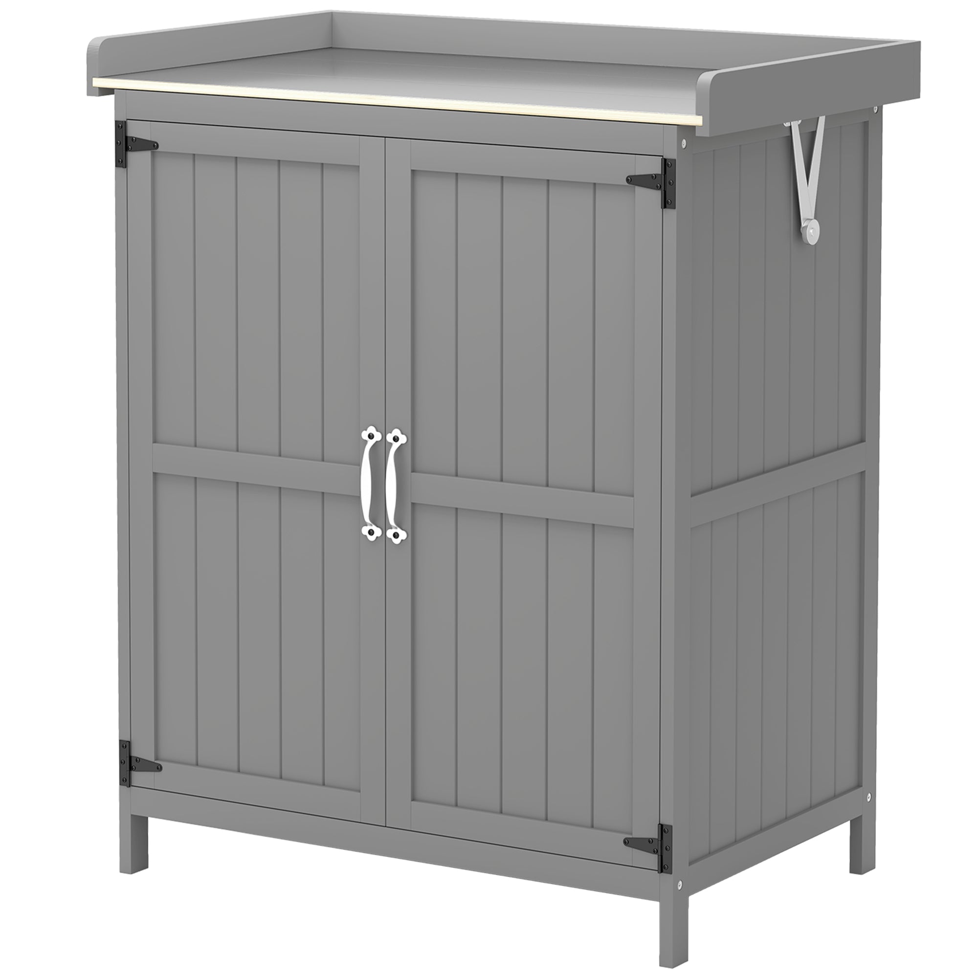 Outdoor Storage Cabinet, Garden Tool Shed with Metal Tabletop and Shelf, Wooden Potting Bench with 2 Doors