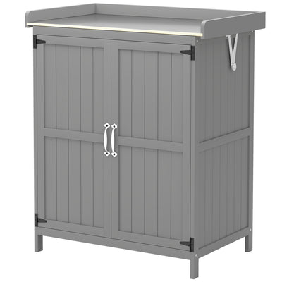 Outdoor Storage Cabinet, Garden Tool Shed with Metal Tabletop and Shelf, Wooden Potting Bench with 2 Doors
