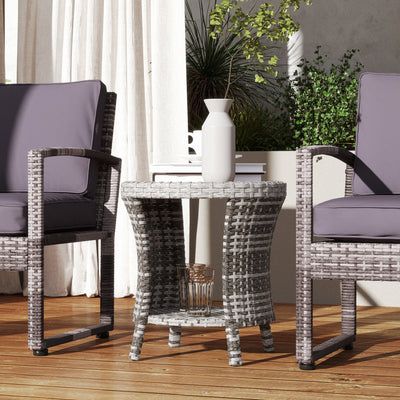 18" Wicker Outdoor Coffee Table, PE Rattan Patio Side Table with 2-Tier Storage, Composite Wood Top