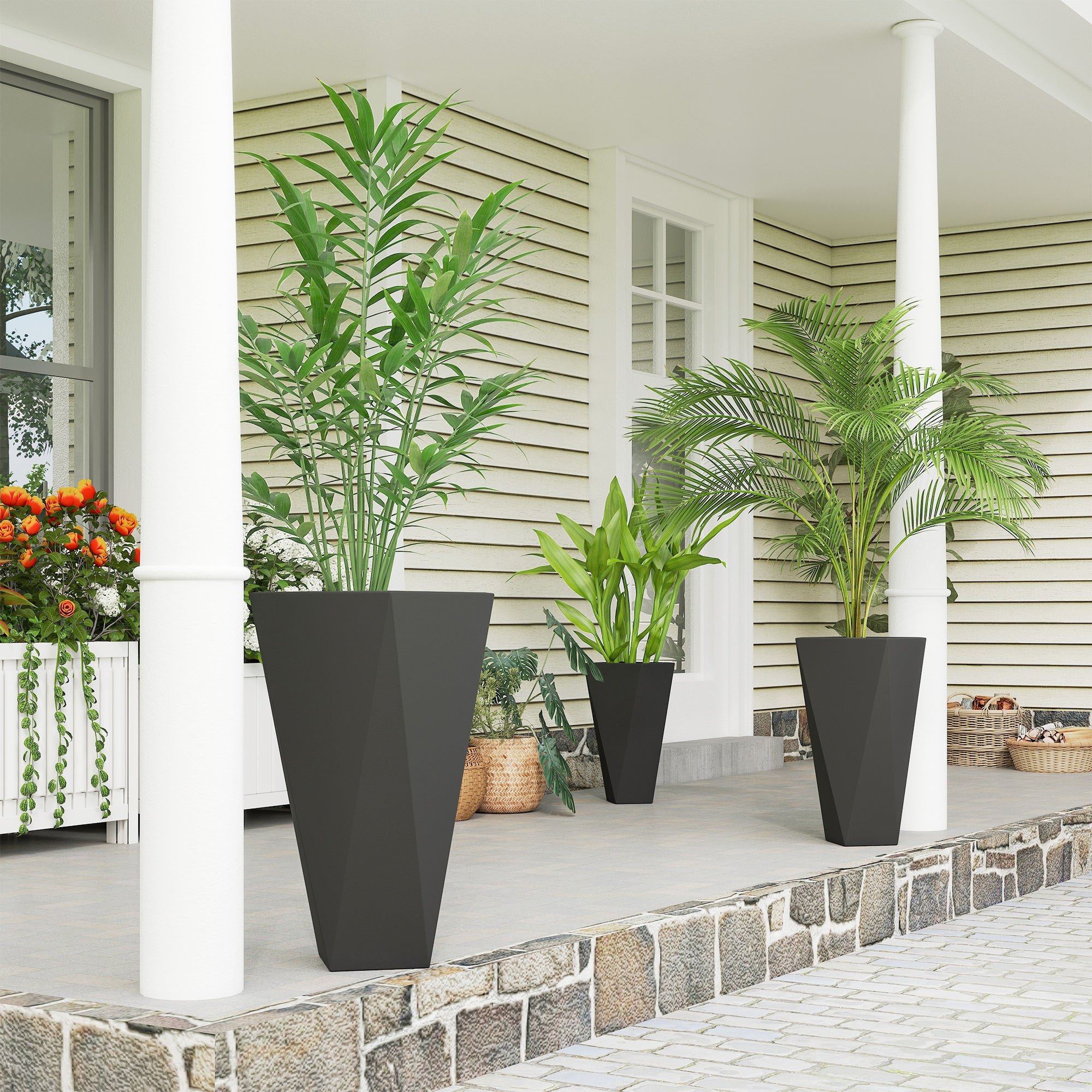 Indoor Outdoor Planters Set of 3 MgO Tall Planters Stackable Flower Pots with Drainage Holes for Garden, Balcony, Black