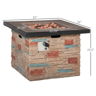 32 Inch Outdoor Propane Gas Fire Pit Table, 50,000 BTU Auto-Ignition Square Faux Ledge Stone Gas Firepit with Lava Rocks and Rain Cover, CSA Certification, Brown