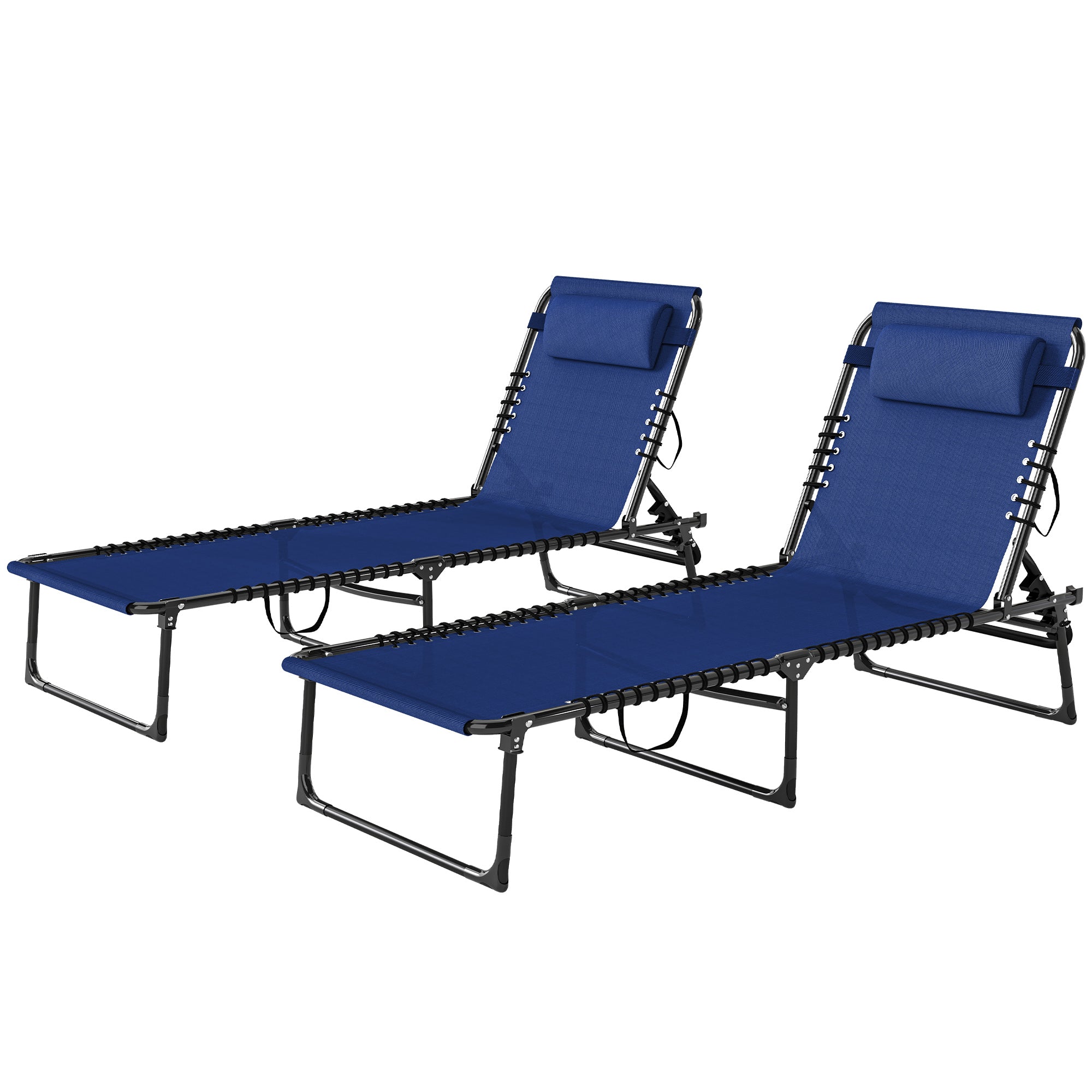 2 Folding Chaise Lounge Pool Chairs with 4-Position Reclining Back, Pillow, Breathable Mesh & Bungee Seat