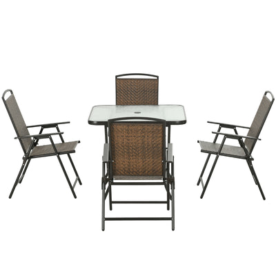5 Pieces Patio Table and Chairs, Foldable Wicker Outdoor Dining Table Set with Umbrella Hole, Dark Brown