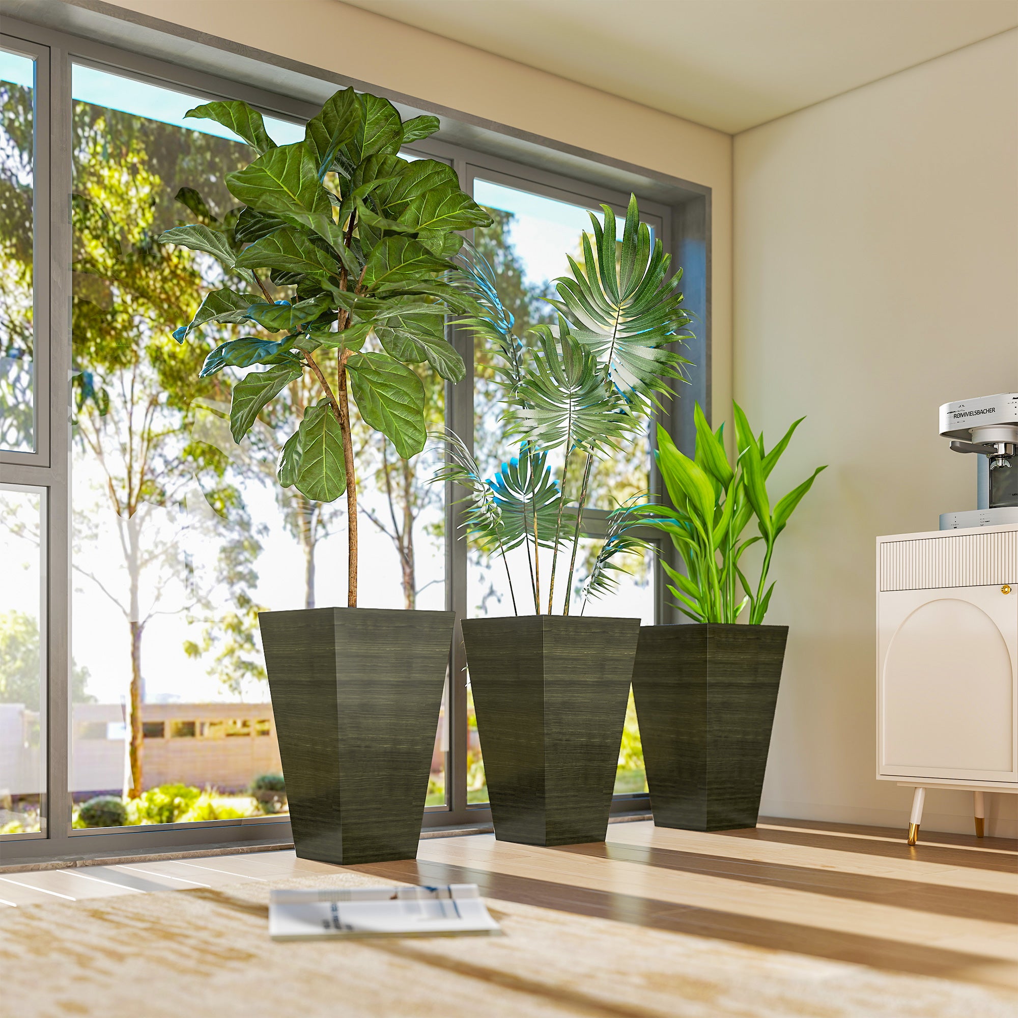 Set of 3 Tall Planters, 28" Outdoor Planter w/ Drainage Holes, Faux Wood Plastic Flower Pots, Dark Brown