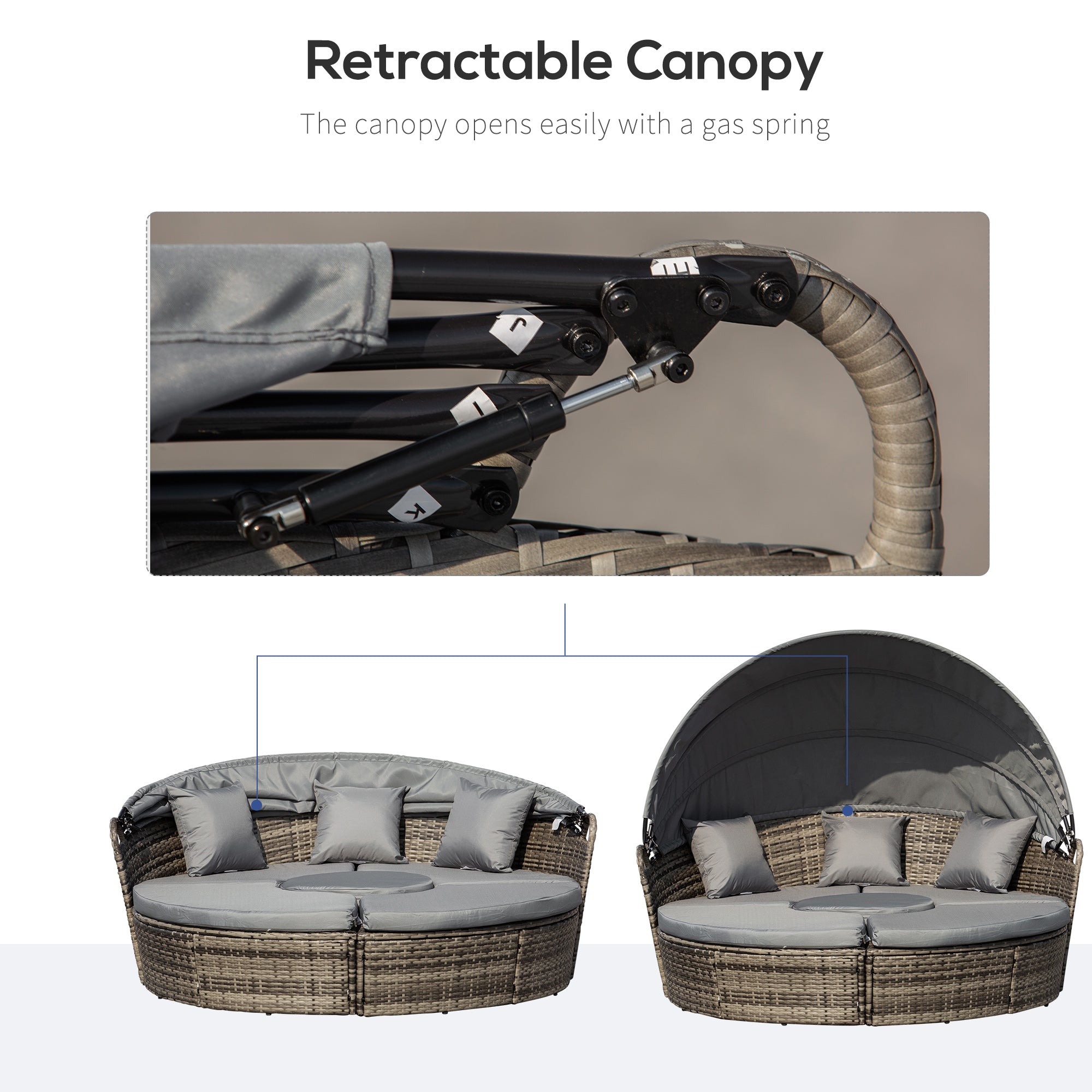4-Piece Round Convertible Daybed with Cushions, Outdoor PE Rattan Patio Wicker Sofa Set, Sunbed with Adjustable Sun Canopy, Sectional Sofa, 2 Chairs, Table, 3 Pillows, Dark Gray