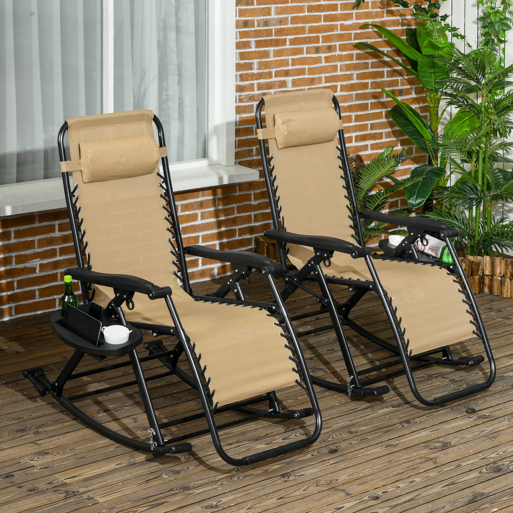 2 Outdoor Rocking Chairs Foldable Reclining Zero Gravity Lounge Rockers w/ Pillow Cup & Phone Holder