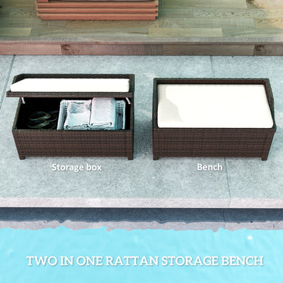 Outdoor Wicker Storage Bench with Storage & Cushion
