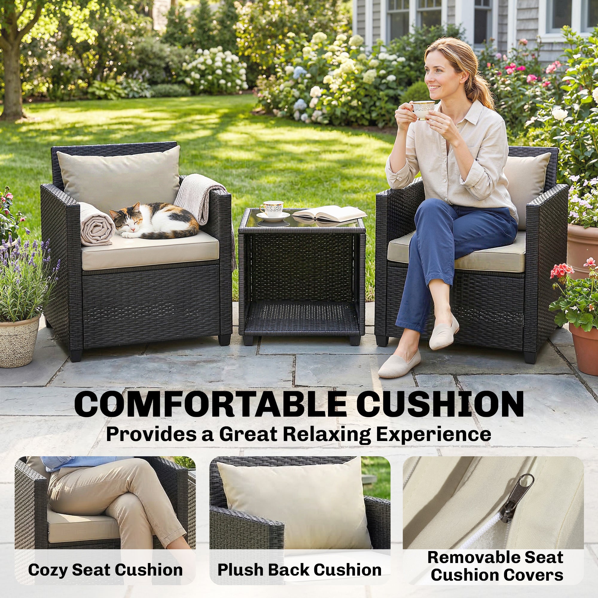3 Piece Patio Bistro Set, Wicker Furniture Set with Thick Cushions, Glass Coffee Table and Chairs for Garden