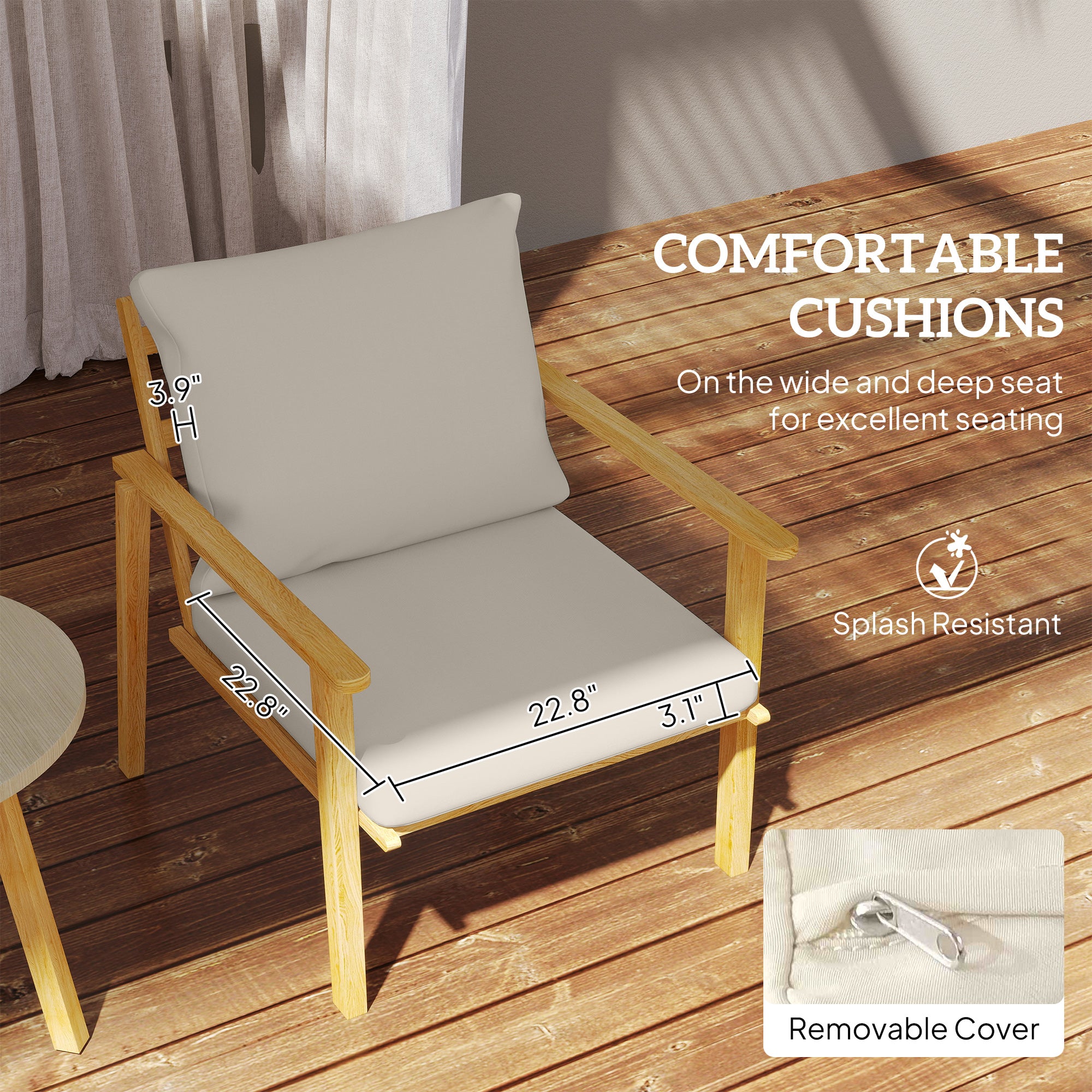 3 Piece Outdoor Bistro Set, Wood Effect Metal Patio Set with Wide and Deep Chairs, Round Table, Cushions, Cream White