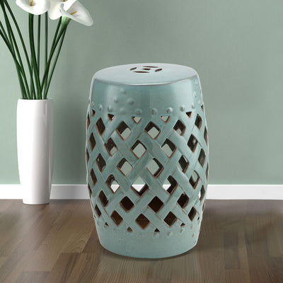 13" x 18" Ceramic Garden Stool with Woven Lattice Design & Glazed Strong Materials Decorative Outdoor Stool