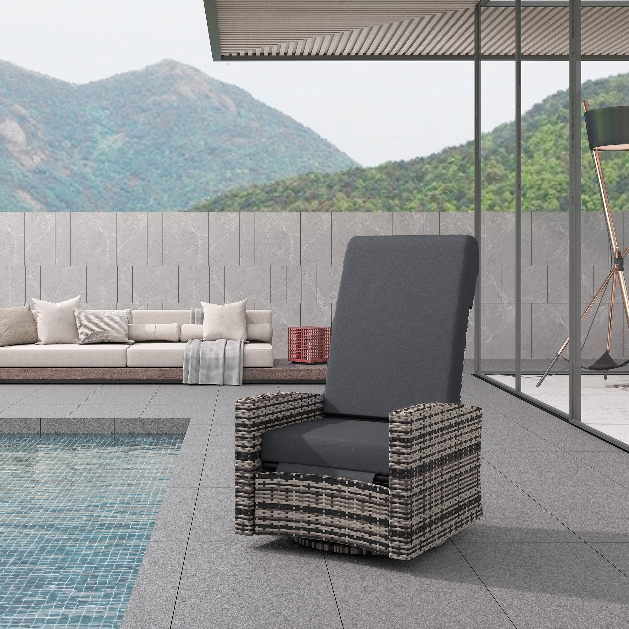 Outdoor Wicker Swivel Recliner Chair, Lifting Footrest, 360° Rotating Basic, Water-resistant Cushions, Dark