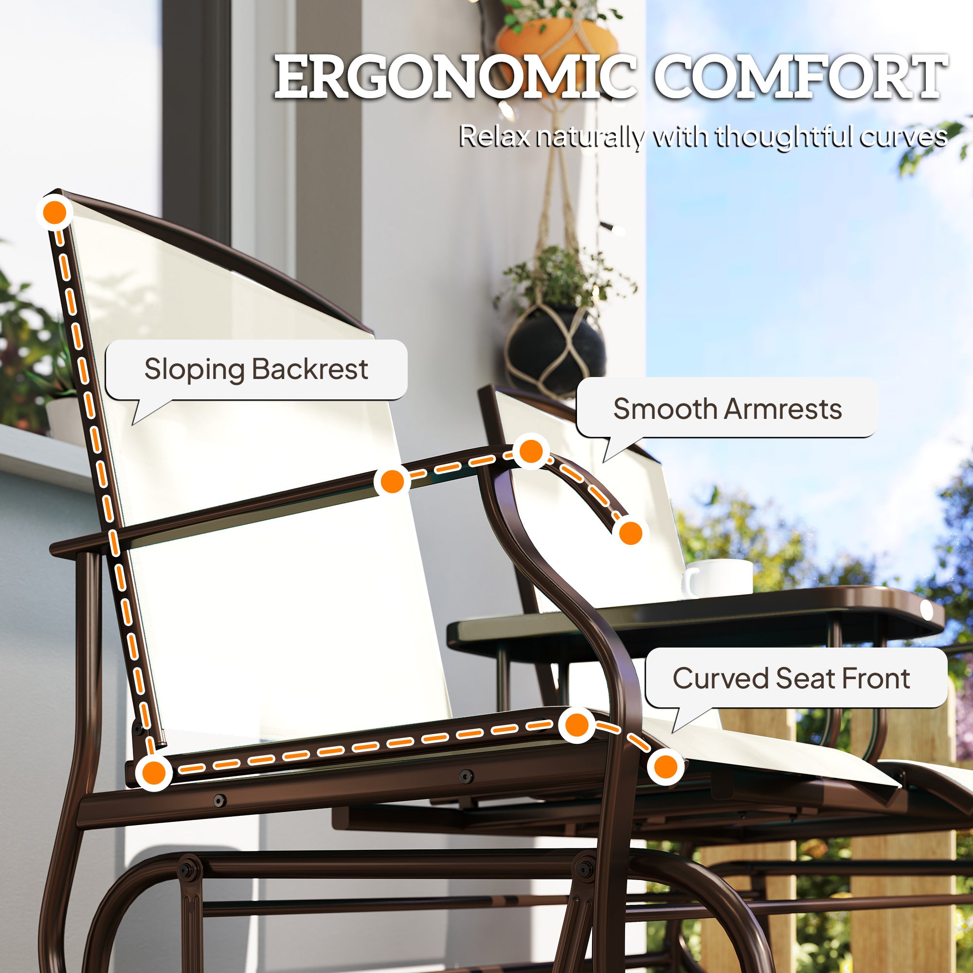 Outdoor Glider Bench with Center Table, Metal Frame Patio Loveseat with Breathable Mesh Fabric and Armrests for Backyard Garden Porch