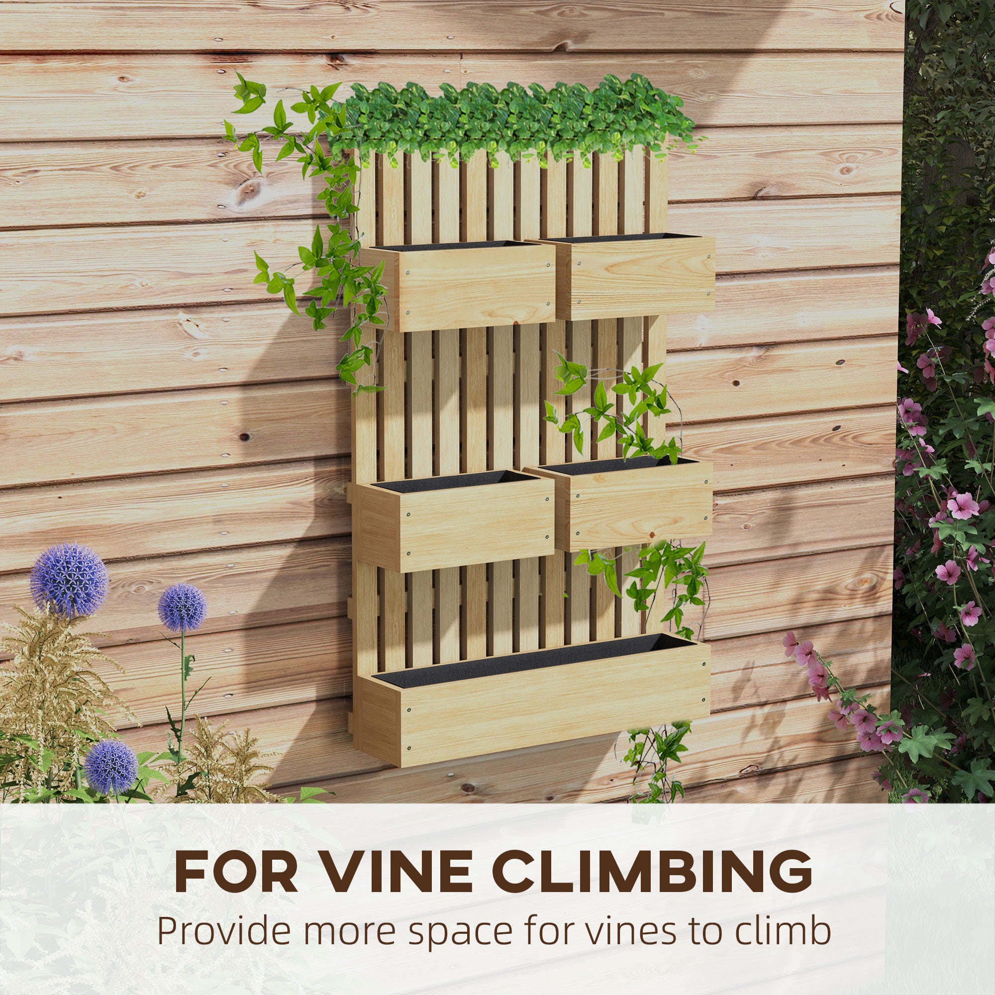 Wall Mounted Planter with Trellis and Drainage Holes for Small Spaces, Raised Garden Bed, Natural